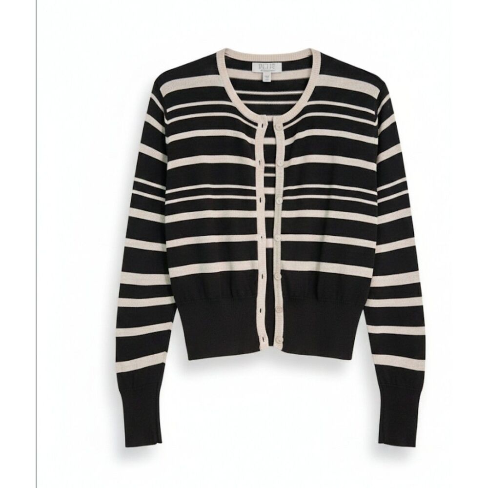 Petite Sophisticate Silk-Blend BLACK AND GLITTE SILVER Striped Cardigan MEDIUM